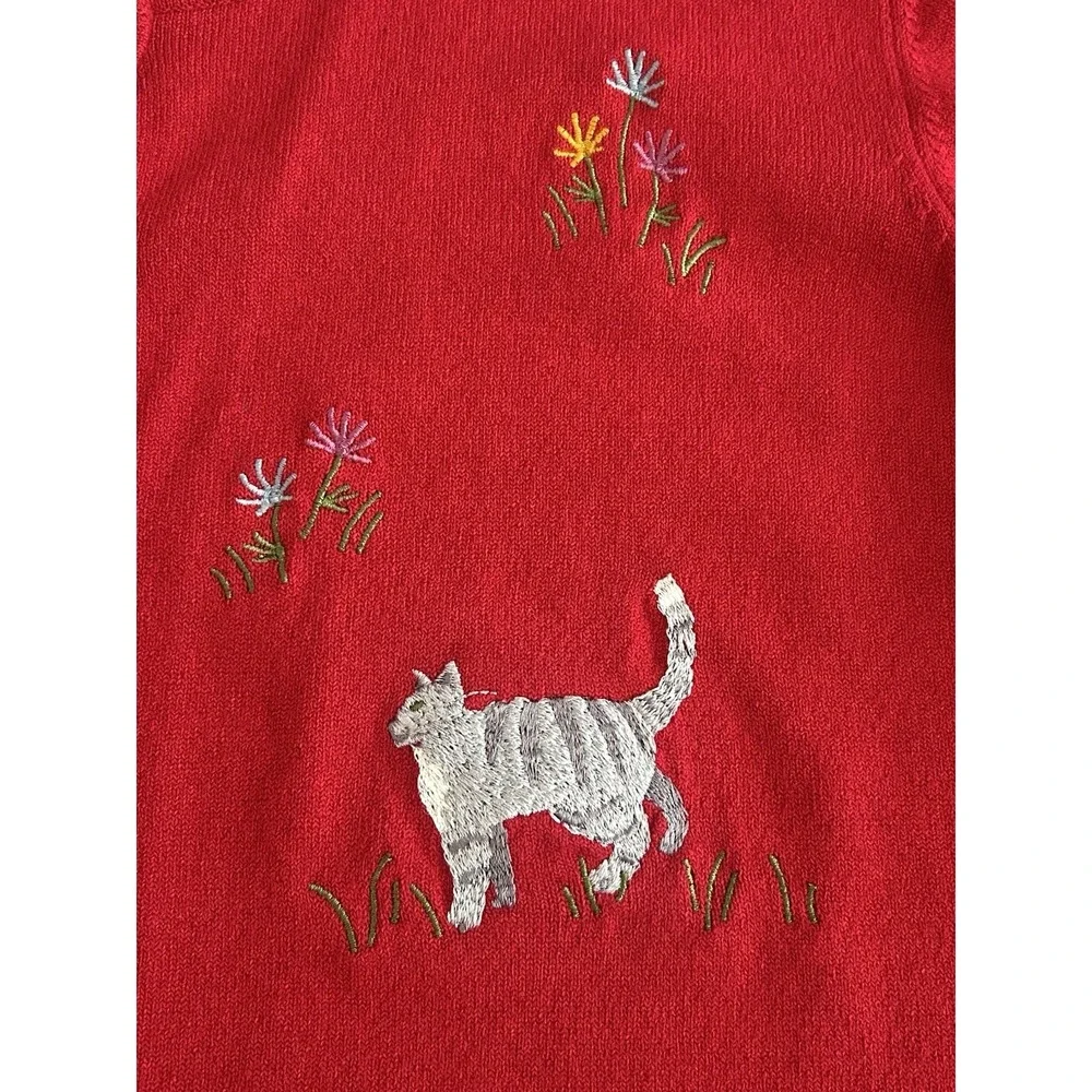 Vintage Northern Isles‎ Cardigan Sweater Red Embroidered Cats Whimsy Large